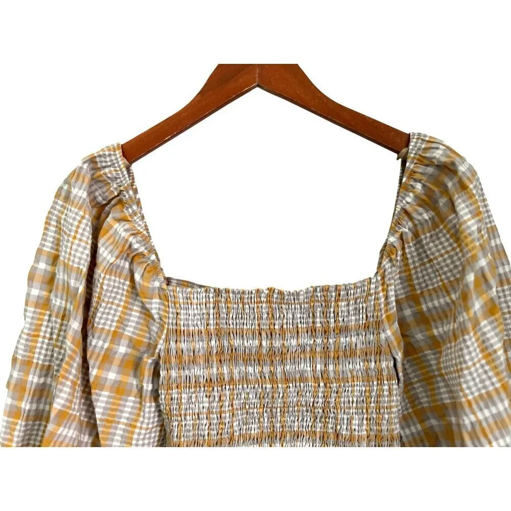 Anthropologie Maeve Plaid Blouses Puff Sleeves Cropped Size Med